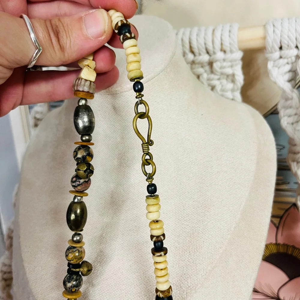 Boho Ethnic‎ Necklace Brown and Gold Toned Bone Beads Ceremonial India